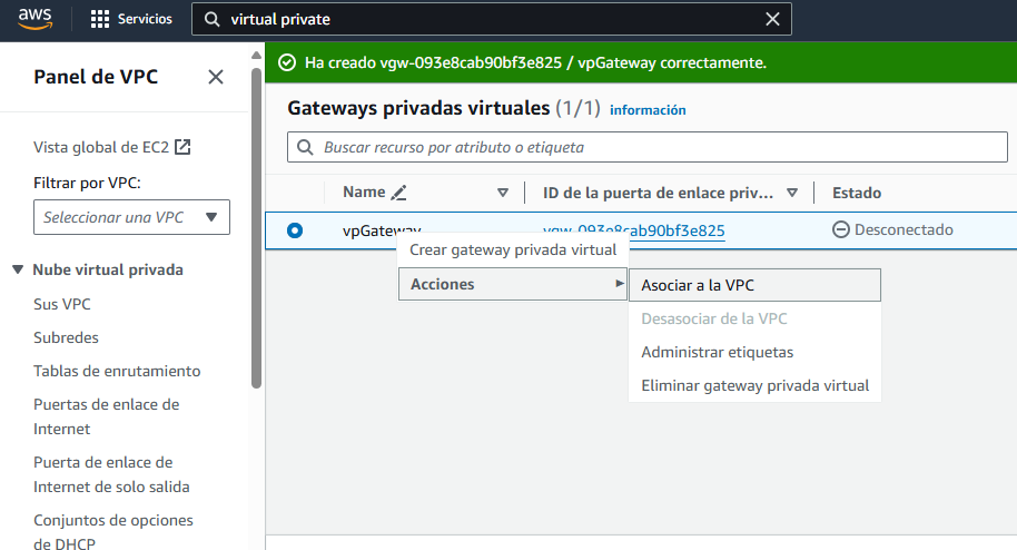 Asociar Virtual Private Gateway a la VPC