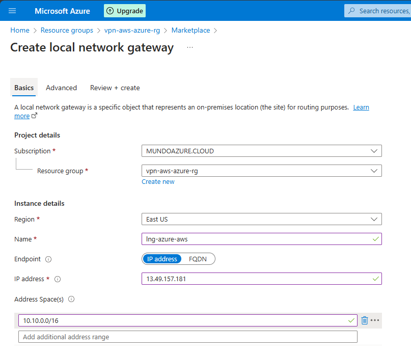 Crear Local Network Gateway en Azure